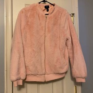 Baby pink faux fur bomber